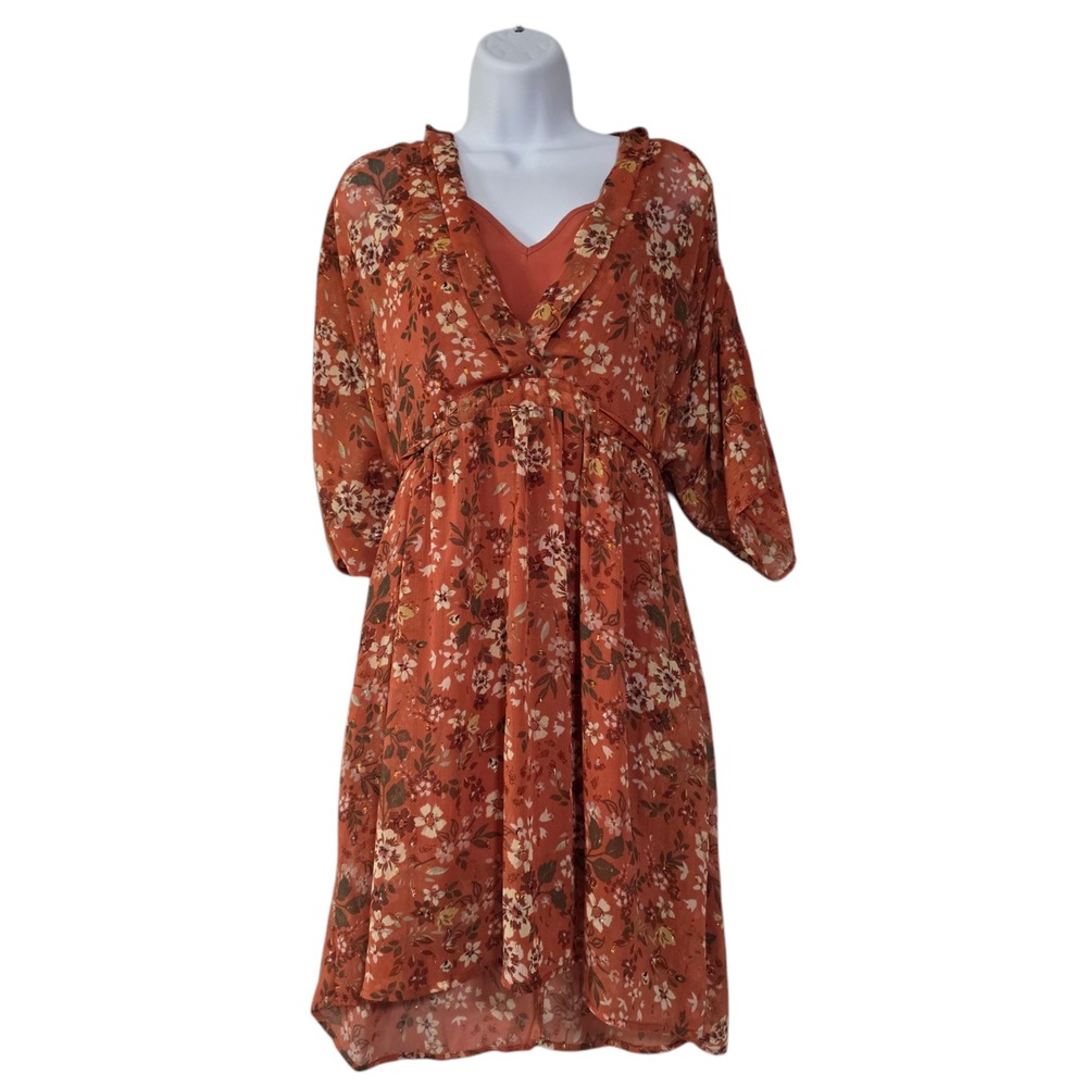 Lovestitch Mini Dress Womens‎ Orange Small Floral Bohemian Tied Back Pullover